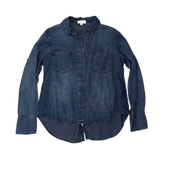 Cloth & Stone dark blue Tencel Lindsay bohemian button down shirt blouse large - Picture 10 of 12